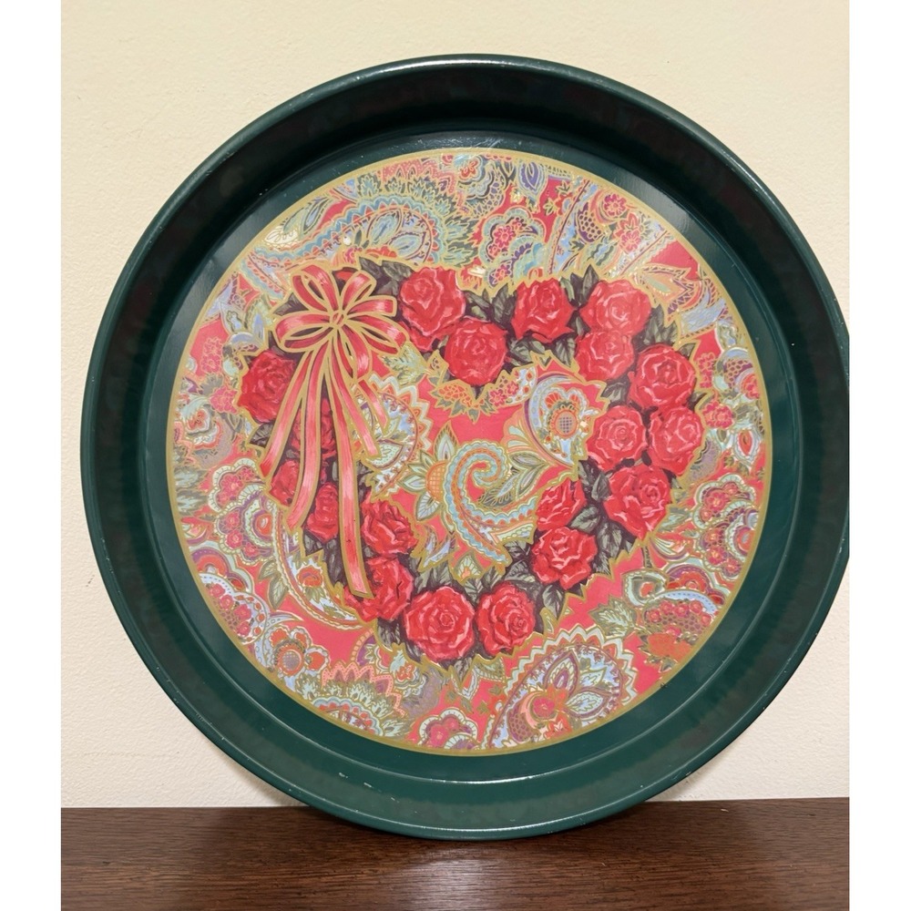 Vintage Metal Decorative Tray Floral Heart Over Paisley Design By Nobel Hall